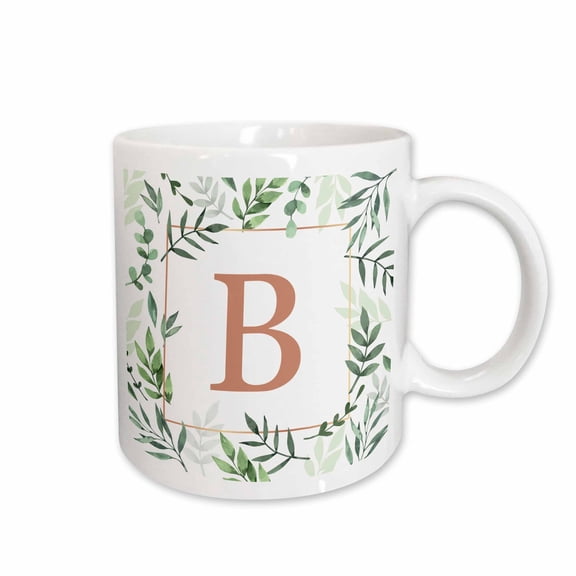 3drose, Monogram Initial Letter B in Gold Framed in Leaves and a Gold Square., 15oz Mug