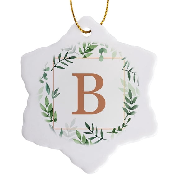 3drose, Monogram Initial Letter B in Gold Framed in Leaves and a Gold Square., 3 inch Snowflake Porcelain Ornament