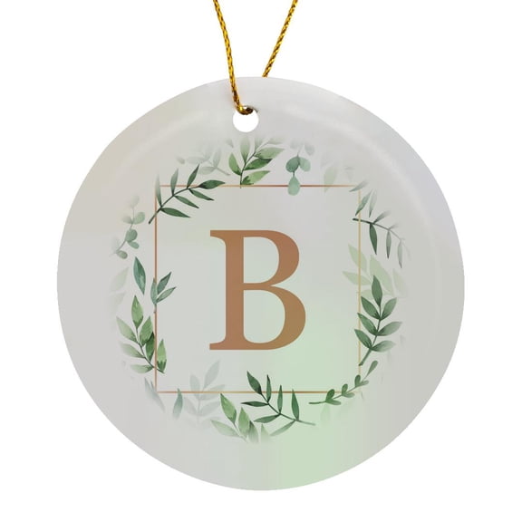 3drose, Monogram Initial Letter B in Gold Framed in Leaves and a Gold Square., Circle Porcelain Ornament