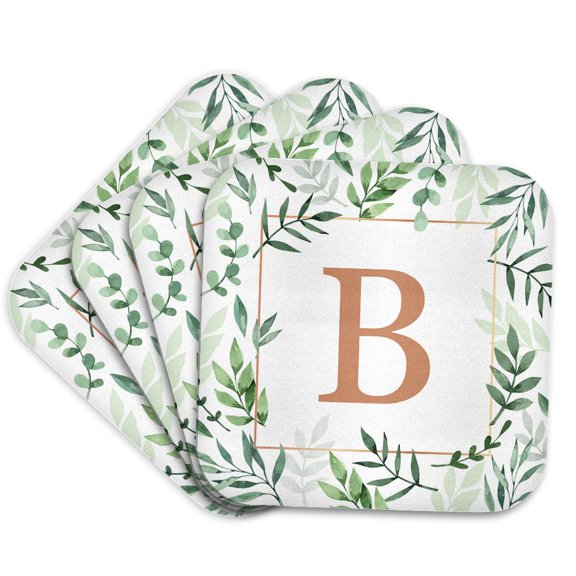 3drose, Monogram Initial Letter B in Gold Framed in Leaves and a Gold Square., Set of 4 Coasters - Soft