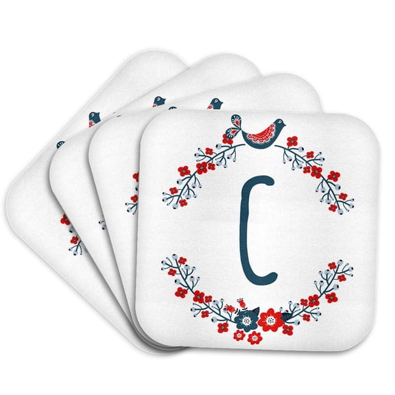 3drose, Monogram Initial Letter C with a Red and Blue Floral Wreath and Bird., Set of 4 Coasters - Soft