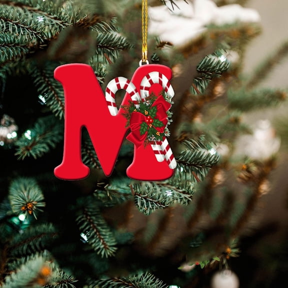 Monogram Initial Letter Christmas Acrylic Ornament Candy Cane Holly Bow Alphabet Hanging Pendant For Home Tree Decor(Red-8Cm)
