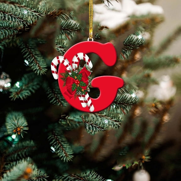 Monogram Initial Letter Christmas Acrylic Ornament Candy Cane Holly Bow Alphabet Hanging Pendant For Home Tree Decor(Red-8Cm)
