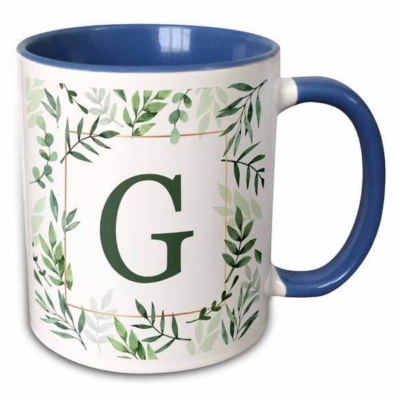 3drose, Monogram Initial Letter G in Green Framed in Leaves and a Gold Square., 11oz Two-tone Blue Mug