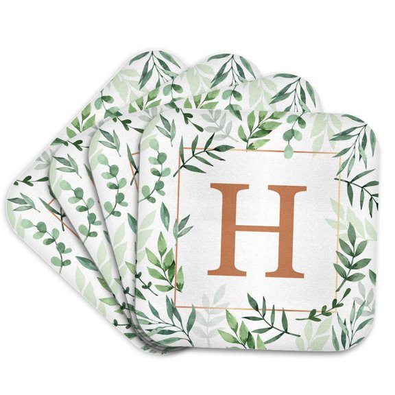 3drose, Monogram Initial Letter H in Gold Framed in Leaves and a Gold Square., Set of 4 Coasters - Soft