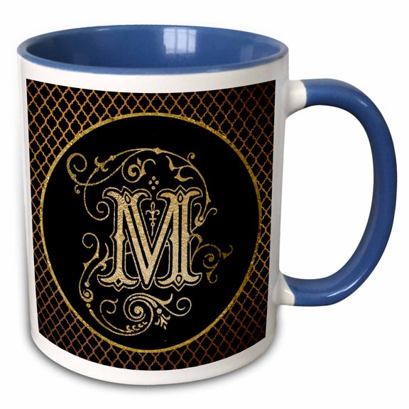 3drose, Monogram Initial Letter M Black and Image of Gold Ornamental Flourish, 11oz Two-tone Blue Mug