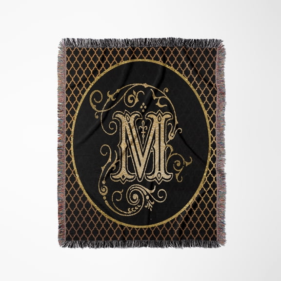 Monogram Initial Letter M Black And Image Of Gold Ornamental Flourish, Woven Blanket