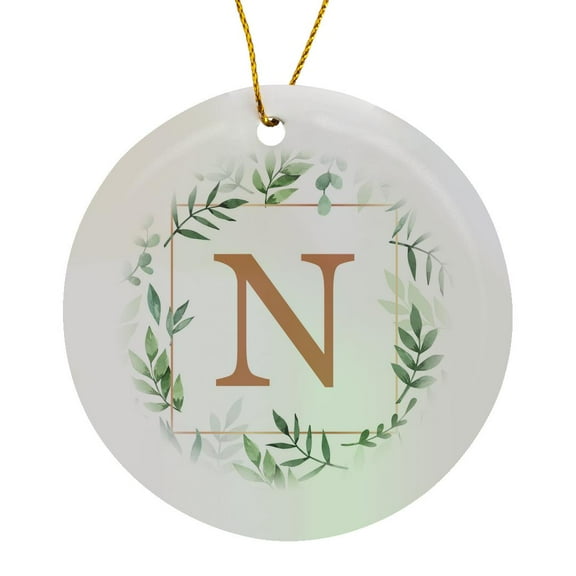 3drose, Monogram Initial Letter N in Gold Framed in Leaves and a Gold Square., Circle Porcelain Ornament