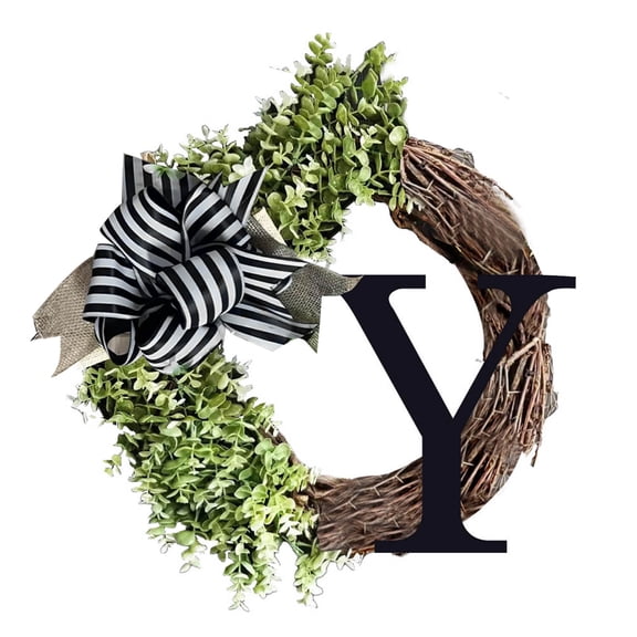 Monogram Initial Letter Wreaths for Front Door with Striped Linen Bow,Last Name Front Door Wreath with 26 Letter Welcome Sign,Fake Green Grass Farmhouse Rustic Door Decor Spring Summer Green Wreath