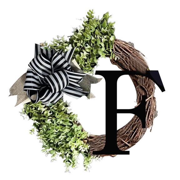 Monogram Initial Letter Wreaths for Front Door with Striped Linen Bow,Last Name Front Door Wreath with 26 Letter Welcome Sign,Fake Green Grass Farmhouse Rustic Door Decor Spring Summer Green Wreath