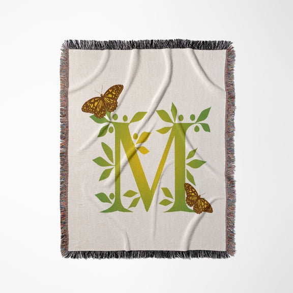 Monogram Initial M In Leafy Green And Yellow With Butterflies, Woven Blanket