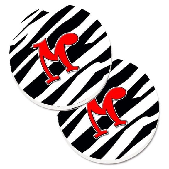 Monogram Initial M Zebra Red Set of 2 Cup Holder Car Coaster