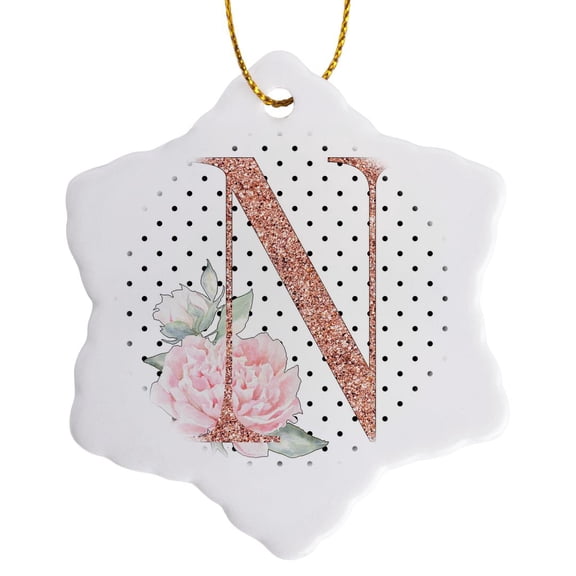 3drose, Monogram Initial N Pink Rose Floral on Black and White Polka Dots, 3 inch Snowflake Porcelain Ornament