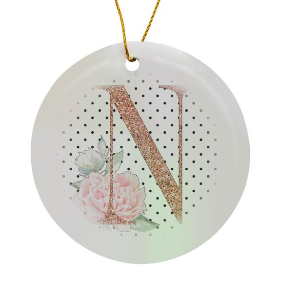 3drose, Monogram Initial N Pink Rose Floral on Black and White Polka Dots, Circle Porcelain Ornament