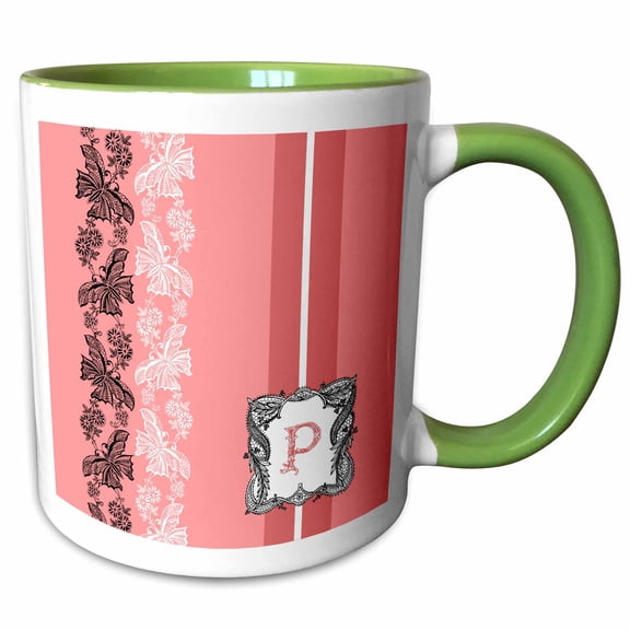 3drose, Monogram Initial P in Pink White and Black, 11oz Two-tone Green Mug
