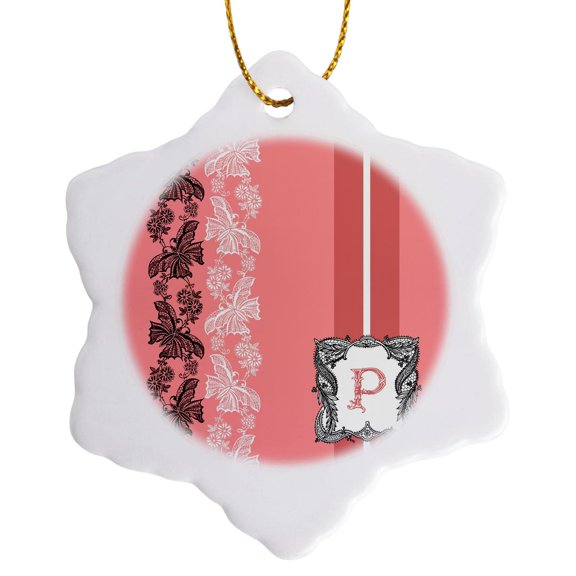 3drose, Monogram Initial P in Pink White and Black, 3 inch Snowflake Porcelain Ornament