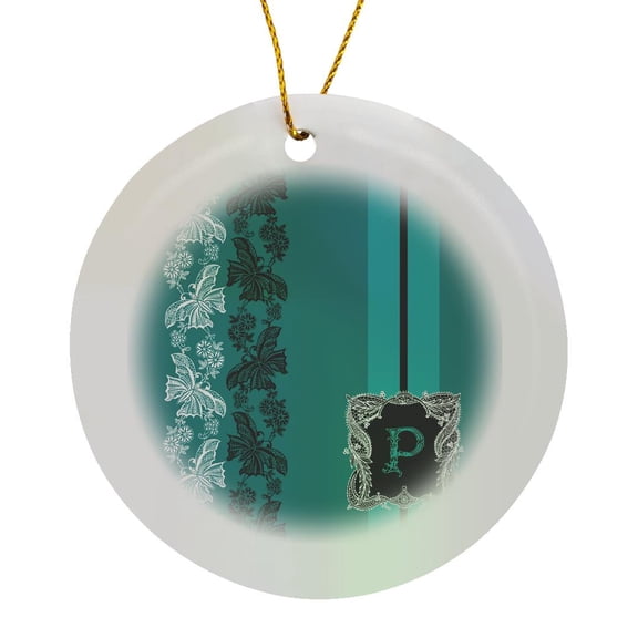3drose, Monogram Initial P in Teal White and Black Lace, Circle Porcelain Ornament