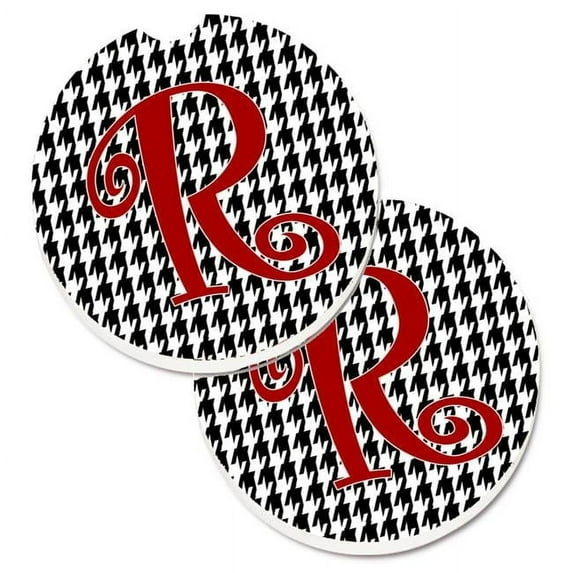Monogram Initial R Houndstooth Black Set of 2 Cup Holder Car Coaster