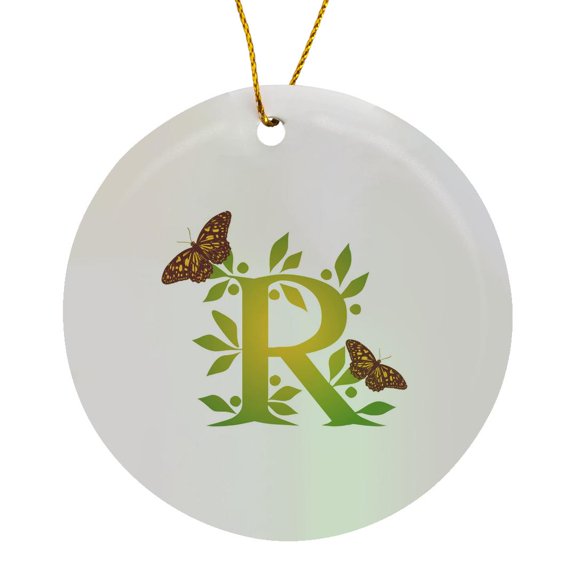 3drose, Monogram Initial R in Leafy Green and Yellow with Butterflies, Circle Porcelain Ornament