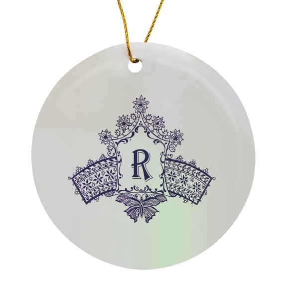 3drose, Monogram Initial R in Purple Diadem with Butterfly Detail, Circle Porcelain Ornament