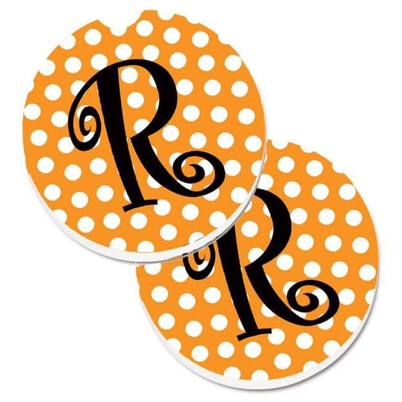 Monogram Initial R Orange Polkadots Set of 2 Cup Holder Car Coaster