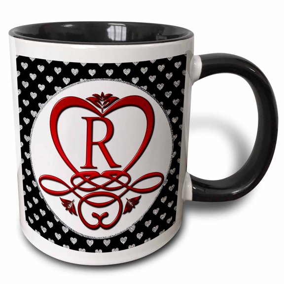 3drose, Monogram Initial R Red Heart Flourish, 11oz Two-tone Black Mug