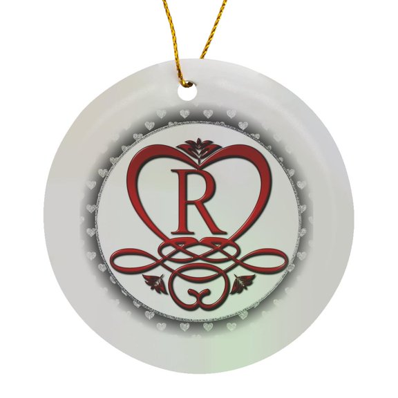 3drose, Monogram Initial R Red Heart Flourish, Circle Porcelain Ornament