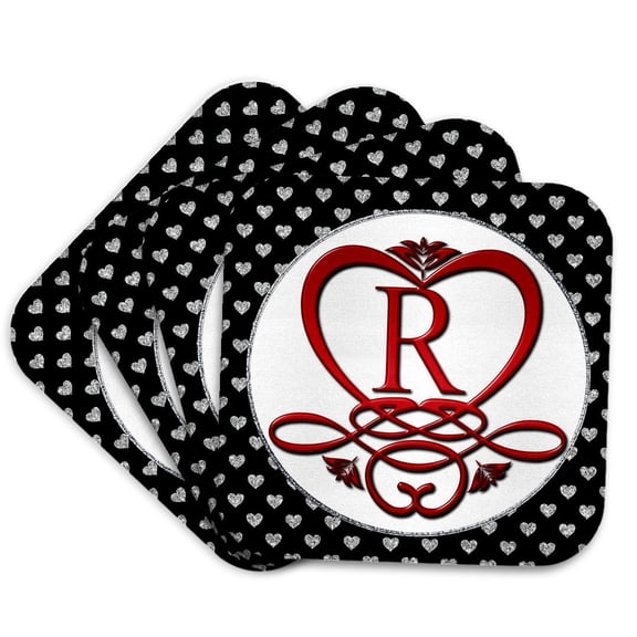 3drose, Monogram Initial R Red Heart Flourish, Set of 4 Coasters - Soft