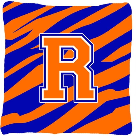 Monogram Initial R Tiger Stripe - Blue Orange Decorative Fabric Pillow