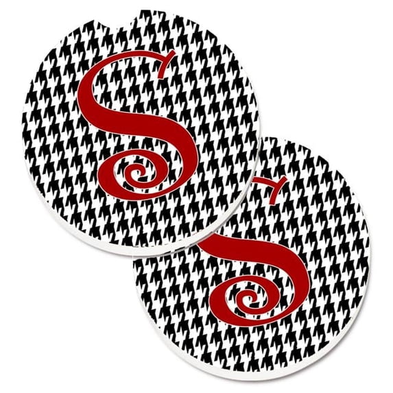 Monogram Initial S Houndstooth Black Set of 2 Cup Holder Car Coaster