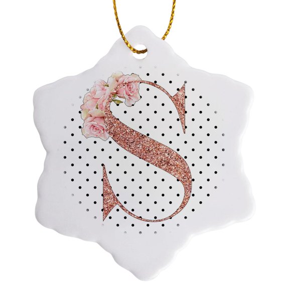 3drose, Monogram Initial S Pink Rose Floral on Black and White Polka Dots, 3 inch Snowflake Porcelain Ornament