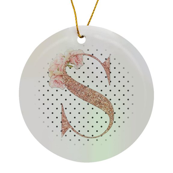 3drose, Monogram Initial S Pink Rose Floral on Black and White Polka Dots, Circle Porcelain Ornament