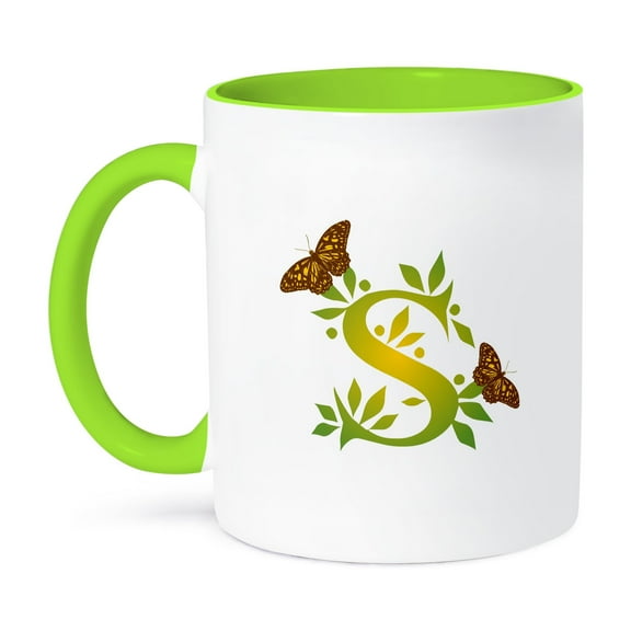 3dRose, Monogram Initial S in Leafy Green and Yellow with Butterflies, 11oz Two-Tone Green Mug