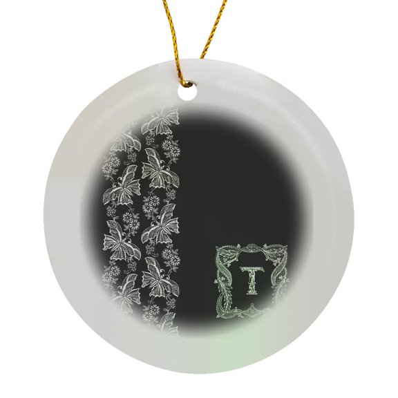 3drose, Monogram Initial T in White Lace over Black Background, Circle Porcelain Ornament