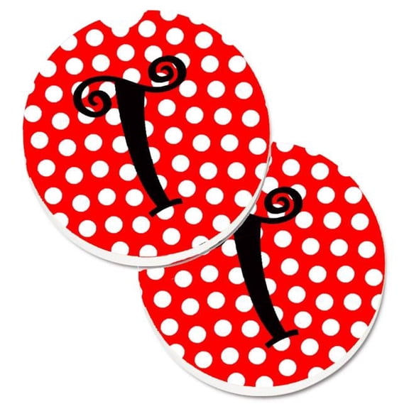 Monogram Initial T Red & Black Polka Dots Set of 2 Cup Holder Car Coaster