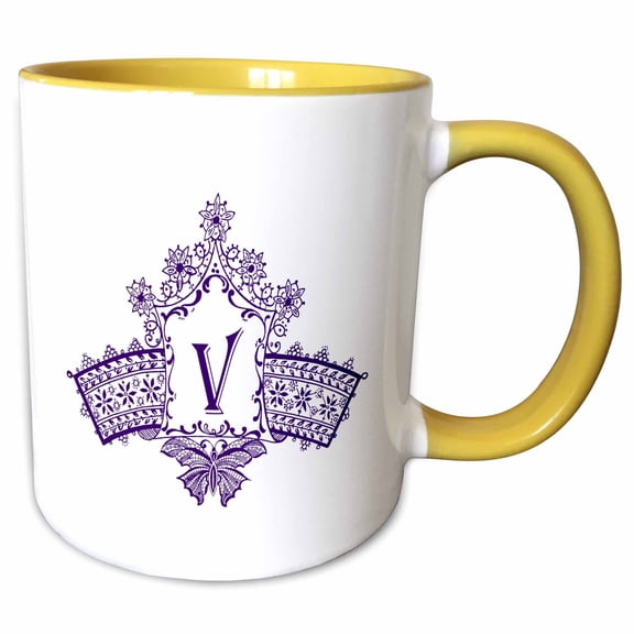 3drose, Monogram Initial V in Purple Diadem with Butterfly Detail, 11oz Two-tone Yellow Mug