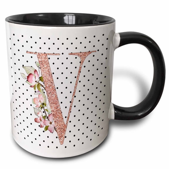 3drose, Monogram Initial V Pink Rose Floral on Black and White Polka Dots, 11oz Two-tone Black Mug