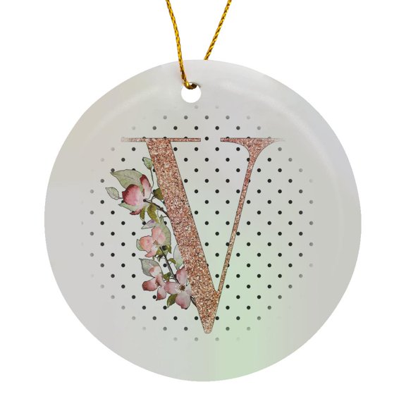 3drose, Monogram Initial V Pink Rose Floral on Black and White Polka Dots, Circle Porcelain Ornament