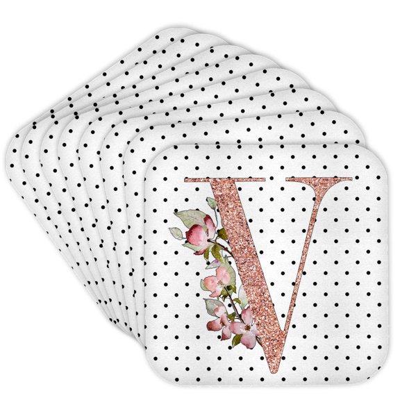 3drose, Monogram Initial V Pink Rose Floral on Black and White Polka Dots, Set of 8 Coasters - Soft