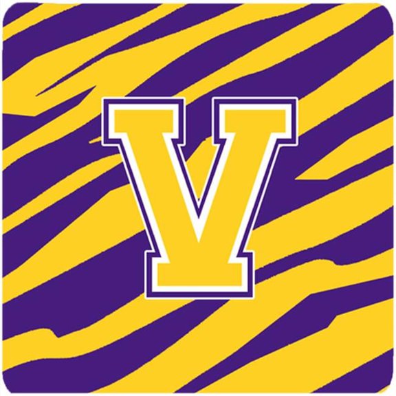 Monogram - Initial V Tiger Stripe - Purple Gold Foam Coasters, Set - 4