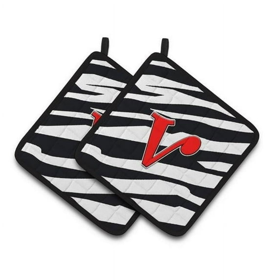 Monogram Initial V Zebra Red Pair of Pot Holders