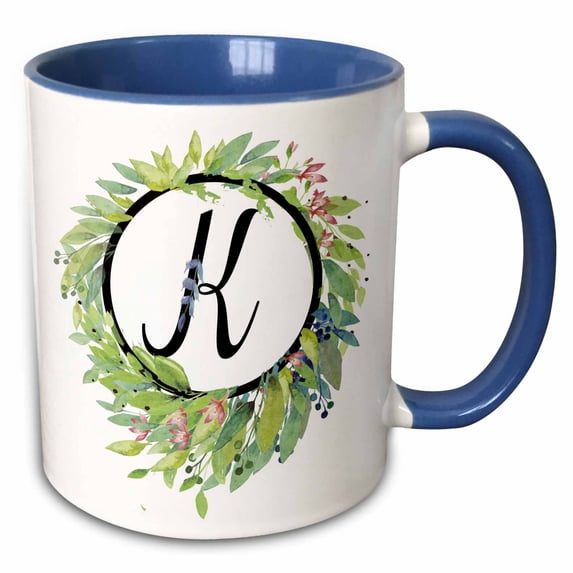 Monogram K Pretty Image Of Watercolor Leaves 15oz Two-Tone Blue Mug mug-327825-11