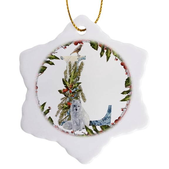 3drose, Monogram L Christmas Wolf and Bird Decorative Initial, 3 inch Snowflake Porcelain Ornament