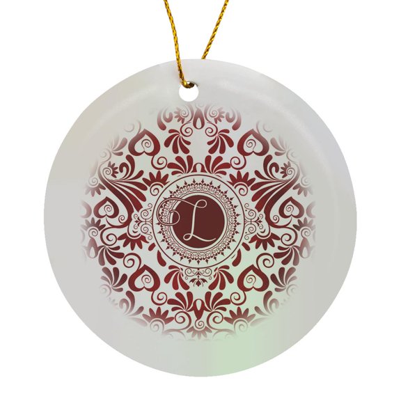 3drose, Monogram L in Vivid Rich Red and White Swirl Hues, Circle Porcelain Ornament