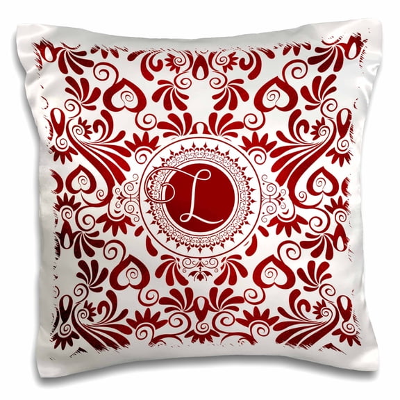 3dRose, Monogram L in Vivid Rich Red and White Swirl Hues, 16x16 inch Pillow Case