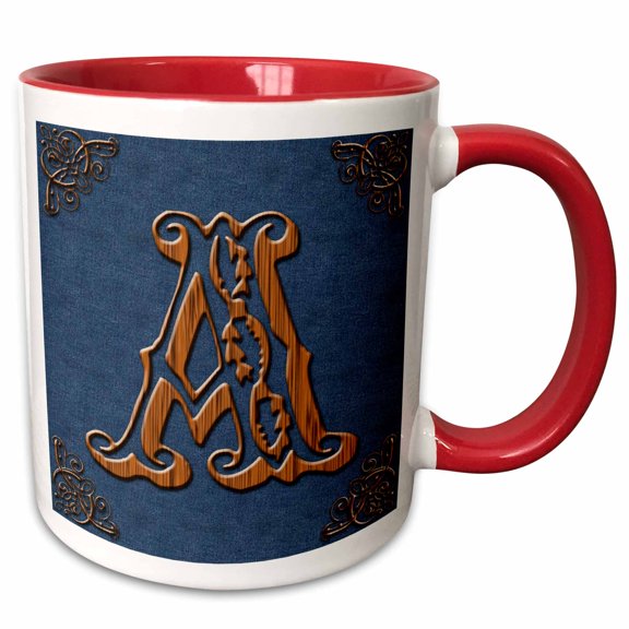 3drose, Monogram Letter a in Victorian Western Font That Looks Like Carved Oak Wood on a Denim Background., 11oz Two-tone Red Mug