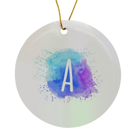 3drose, Monogram Letter a Inside a Teal, Blue, and Purple Paint Splash., Circle Porcelain Ornament
