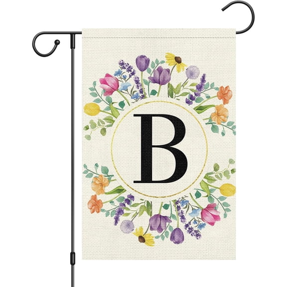 Monogram Letter B Garden Flag 12.5x18 Double Sided Burlap Floral Family Last Name Small Yard Outdoor Decoration