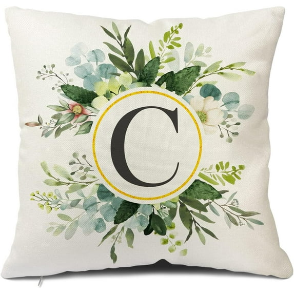 Monogram Letter C Throw Pillow Covers Floral 18x18 Inch, Greenery Spring Pillows Decorative Throw Pillows Pillowcase Summer Farmhouse Decor for Couch Sofa, Family Last Name Initial Pillow Case
