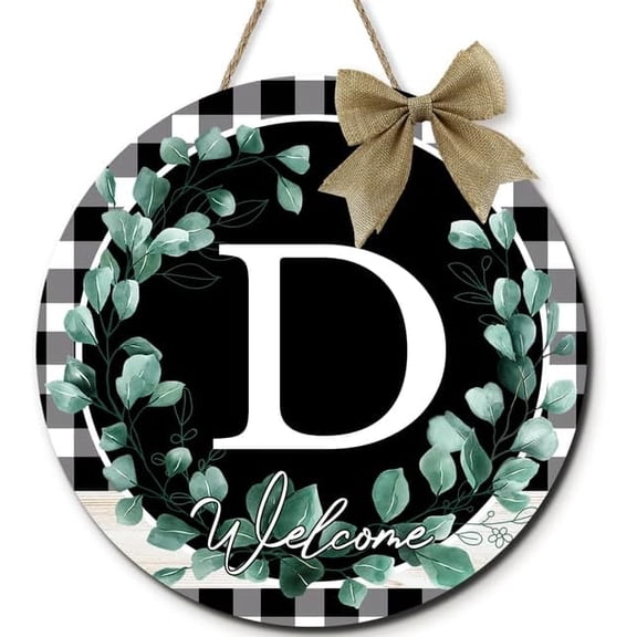 Monogram Letter D Sign for Front Door Round Wood Welcome Wreaths Buffalo Plaid Floral Family Last Name Initial House Warming Decor Spring Summer Wreath for Porch Rustic Home Decor